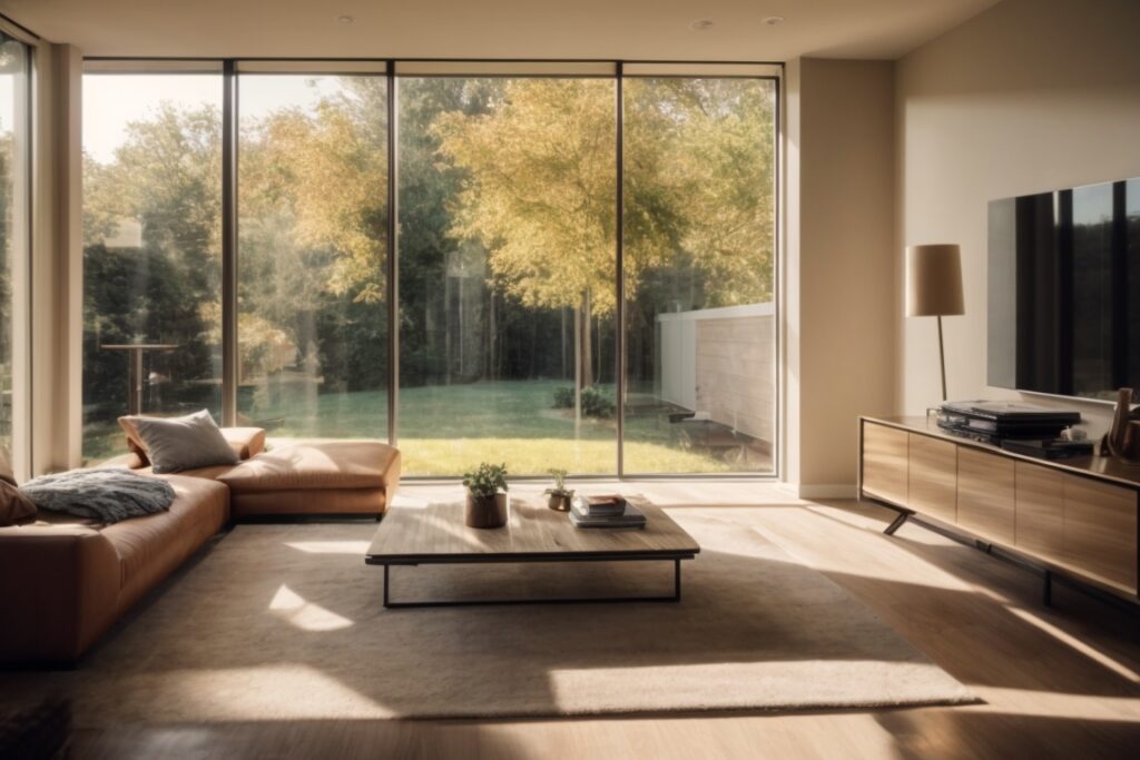 interior view of a sunny living room with heat control window film