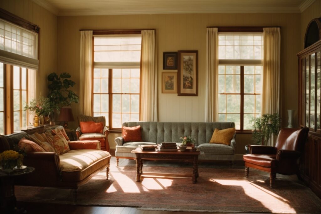 Louisville home interior with faded furniture and bright sunlight streaming through windows