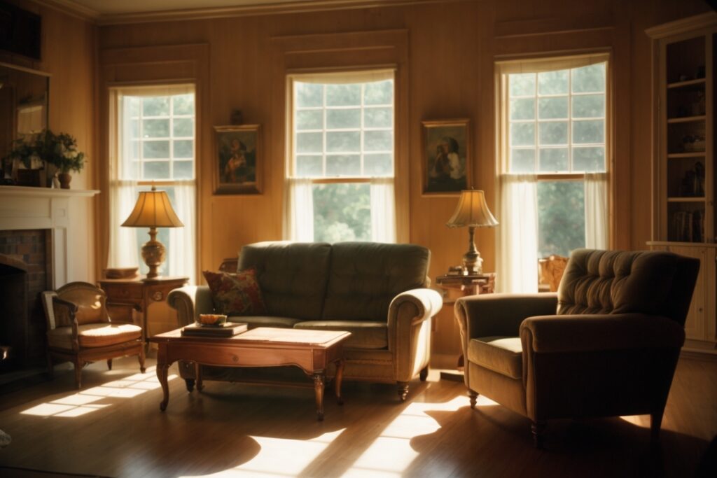sunny Lafayette home interior with visible sun rays and faded furniture