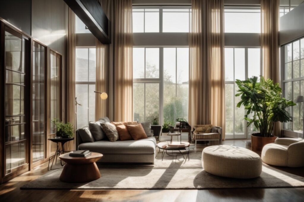 interior living room with UV-blocking window films reducing sunlight exposure