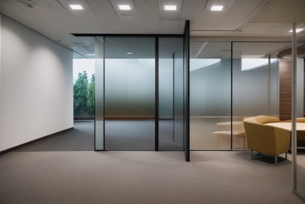 Office interior with opaque privacy window films installed