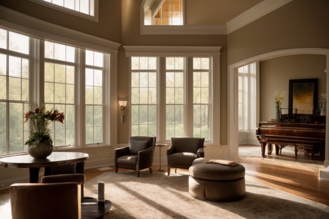 Louisville home interior with decorative window films, sunlight filtering through, enhancing privacy and aesthetics