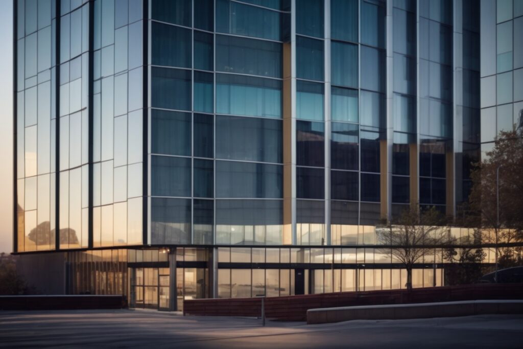 modern office building with solar control window film, reflecting sunlight