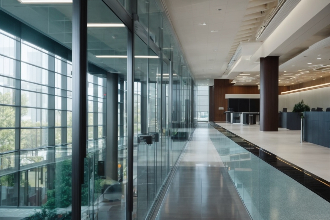 Interior of Indianapolis office building with applied window film, showing visible energy savings indicators