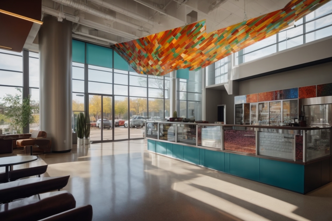Commercial space in Peoria with vibrant decorative window films and modern furnishings
