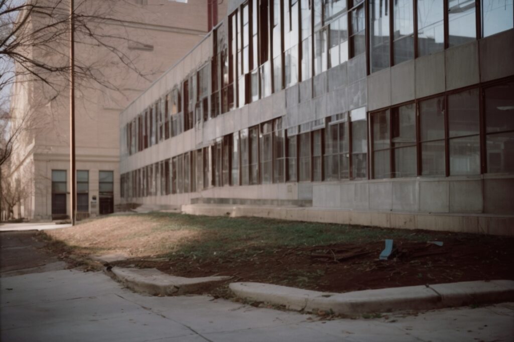 Chicago public school building with broken windows and security film