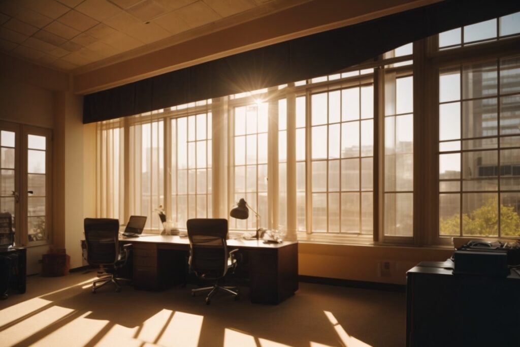 interior office scene with sunlight filtering through opaque windows