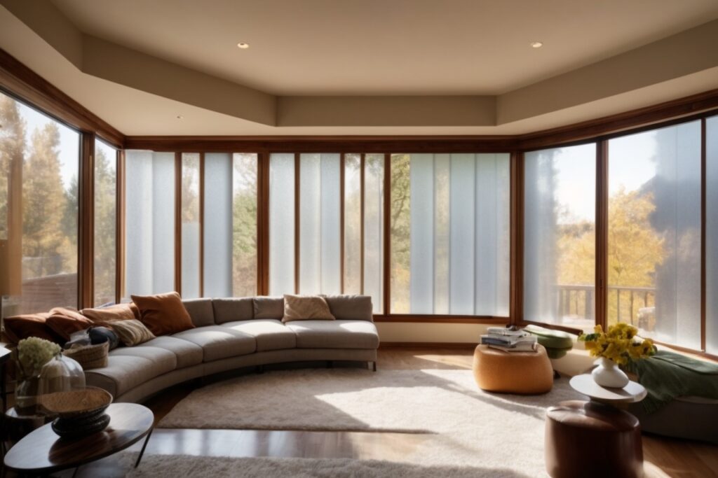 Interior view of a Boulder home with frosted decorative window films providing privacy and light patterns