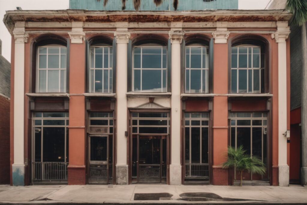 Exterior of a historic New Orleans building with opaque windows